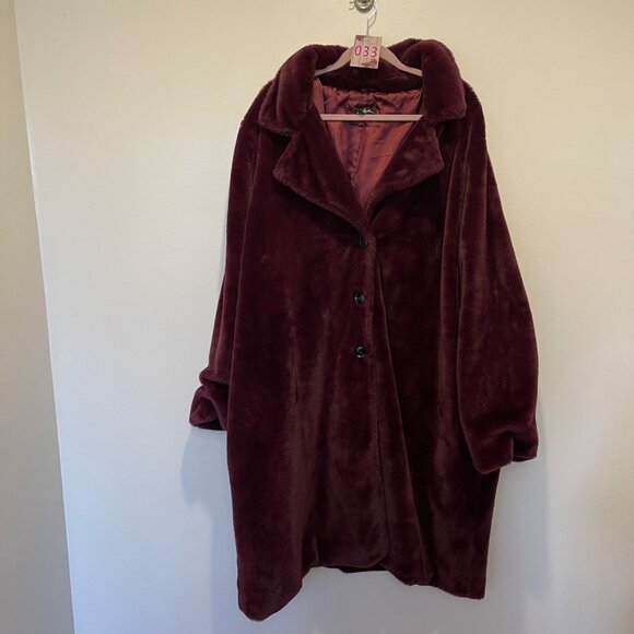 Ulla Popken Faux Fur Burgundy Coat Sz 20/30 USA Button-Down Longline Soft Outerw - Picture 5 of 5